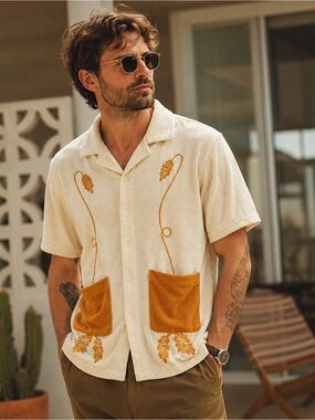 Brixton Bunker Reserve Terry Cloth Camp Shirt Men’s M Cream Embroidered Resort